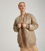 Urban Bliss Camel Quilted Leather-Look Long Bomber Jacket